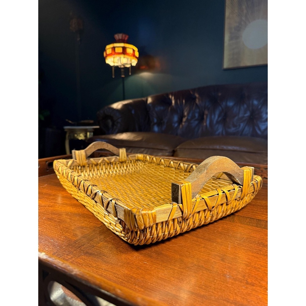 Vintage Woven Rattan Serving Tray with Wooden Handles – 19x12